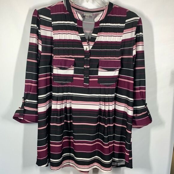 Avenue Women's Striped Split Neck Roll Tab Sleeves Blouse Multicolor Size 22/24 - Picture 1 of 9